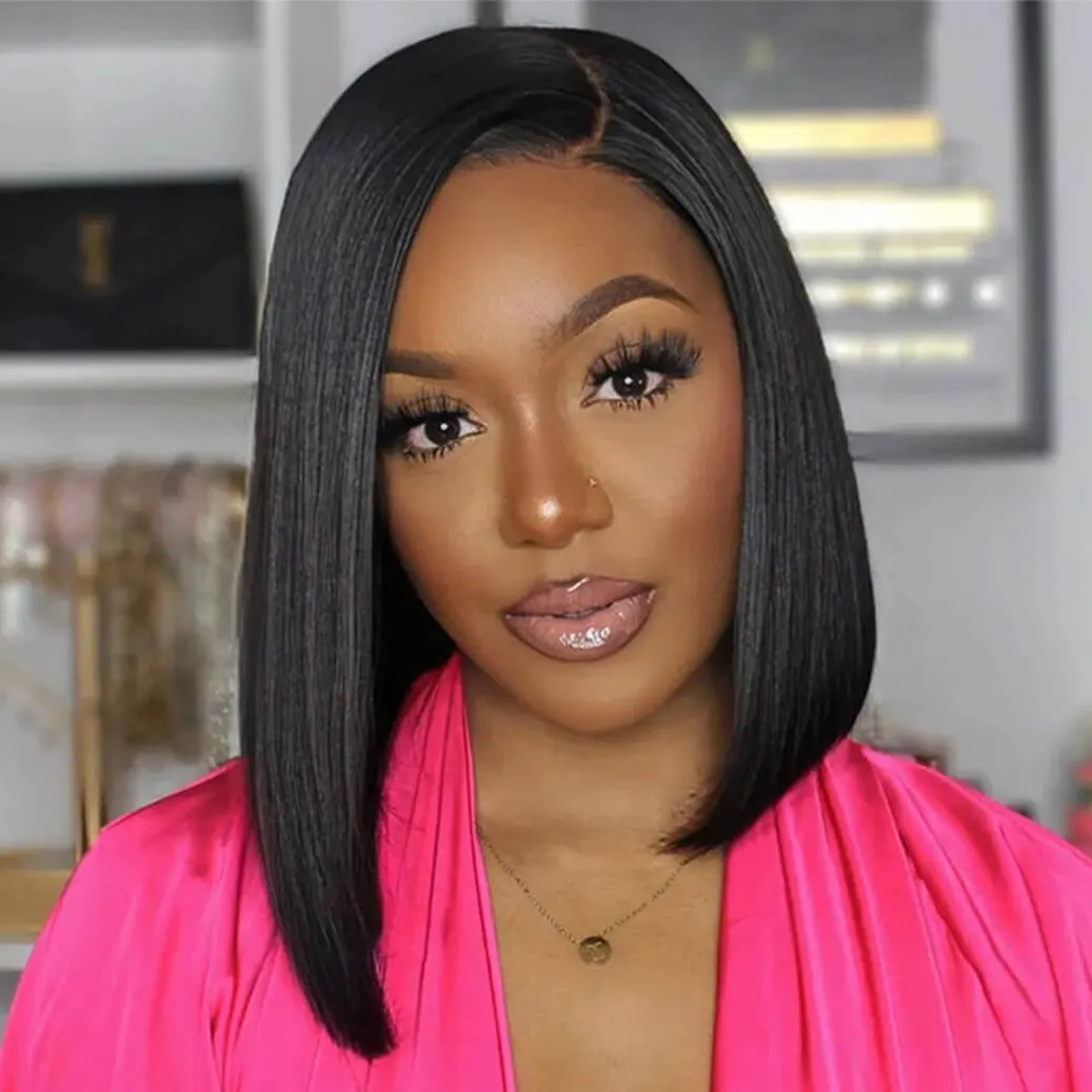 10 英寸直发黑色13x4蕾丝波波头180中号帽围前头蕾丝波波头套